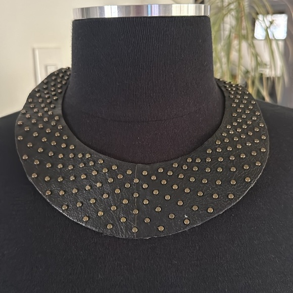 Leather Elegant Black Studded Necklace - Picture 2 of 5
